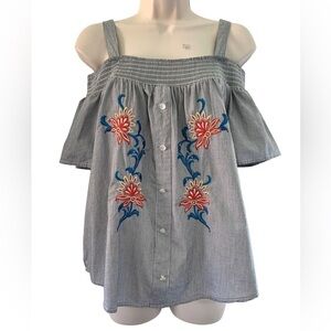 Material Girl MGirls Embroidered Off Shoulder Floral Chambray Peasant Top Indie